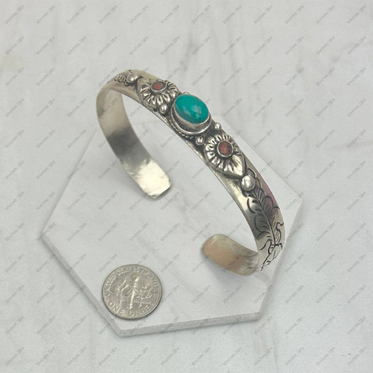 Navajo Style Blue Turquoise and Coral Bangle Bracelet, German Silver