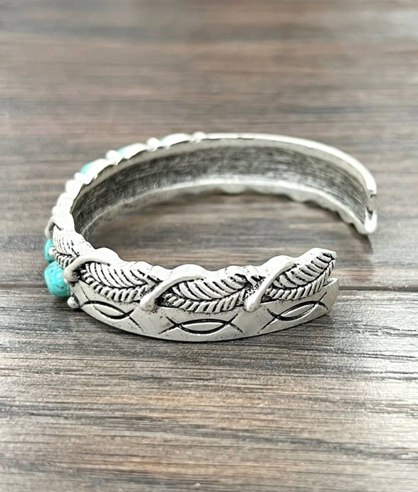 Navajo Style Feather Turquoise C Shaped Cuff Bracelet 0.6 Inch Band