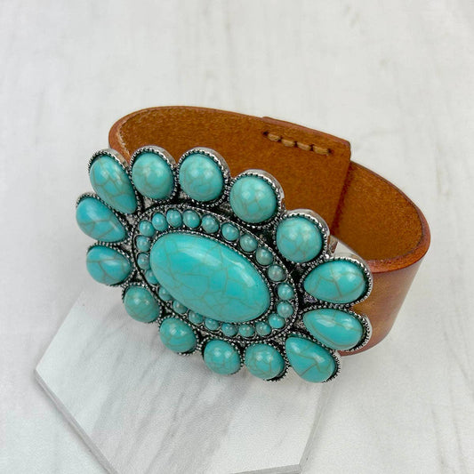 Brown Leather Oval Blue Turquoise Stone Concho Bracelet With Large Stone Western Jewelry
