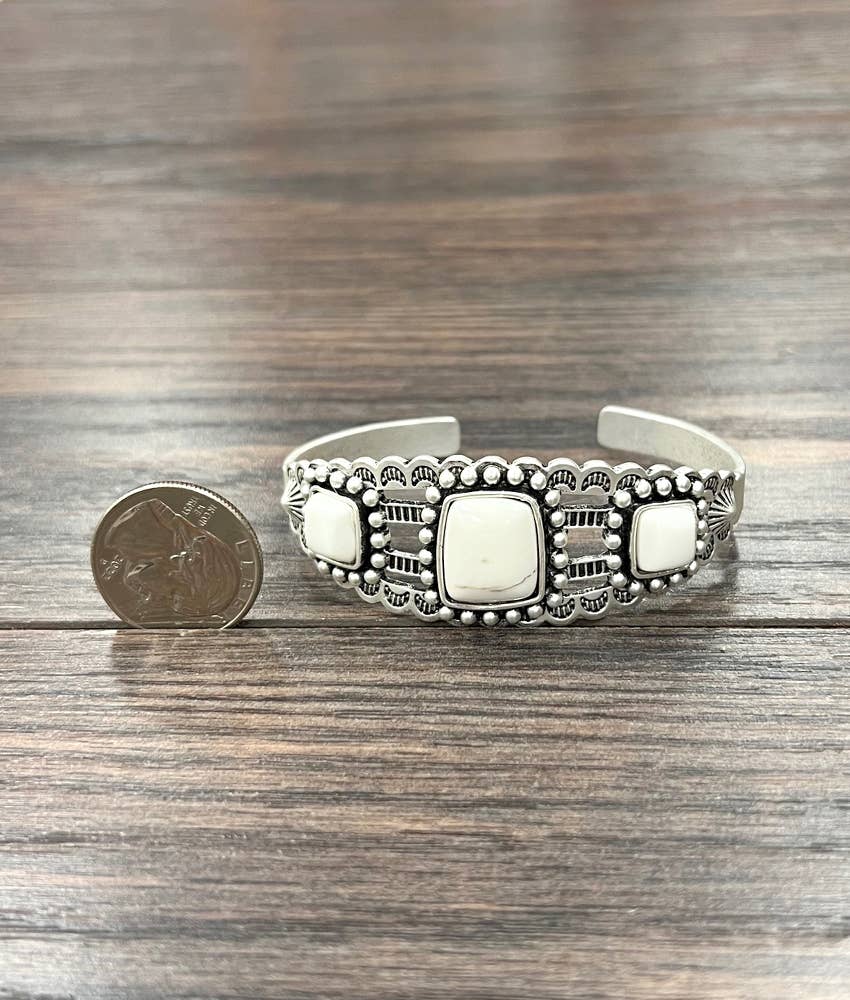 White Turquoise Natural Stone Cuff Bracelet With Antique Silver Plate