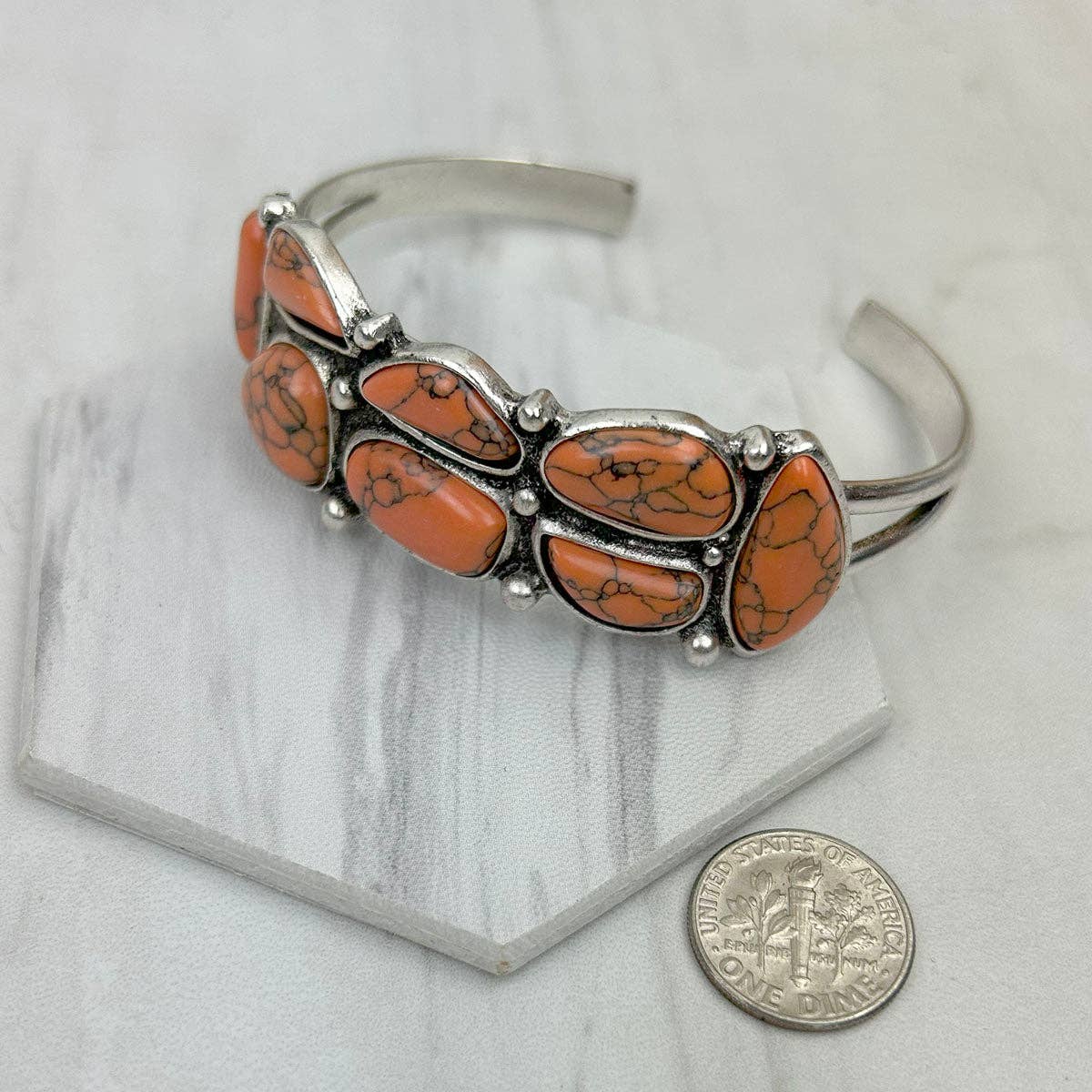 Western Cowgirl Faux Coral Gemstone Cuff Bangle, Mixed Metals WildWestBoho
