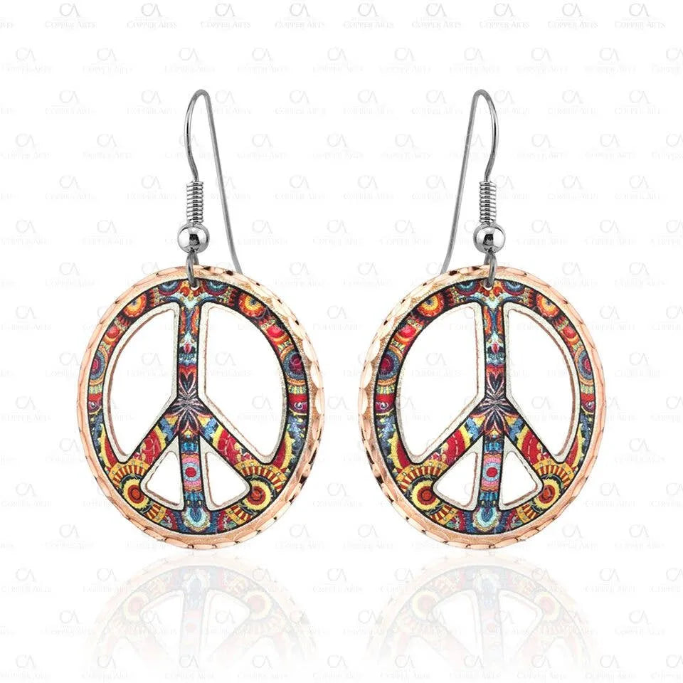 Handcrafted Diamond Cut Copper Colorful Peace Sign Wire Earrings, Gift BoxHandcrafted Diamond Cut Copper Colorful Peace Sign Wire Earrings, Gift Box - Premium Boho Drop Earring from COPPER ARTS INC. - Just $25! Shop now at Silver Elegant