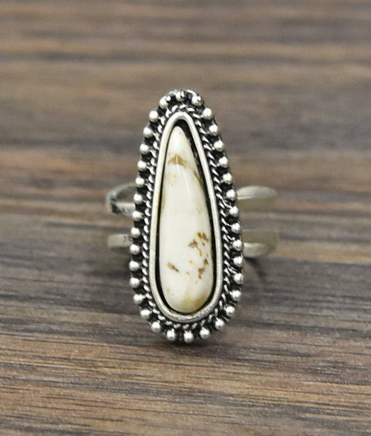 Boho Southwestern White Turquoise Statement Cuff Adjustable Ring with Brass Band