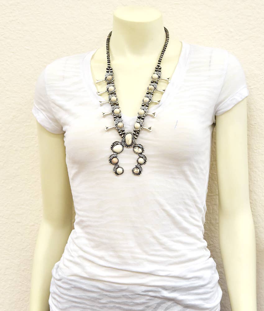 Navajo Style Squash Blossom White Turquoise Necklace 24 Inch Long