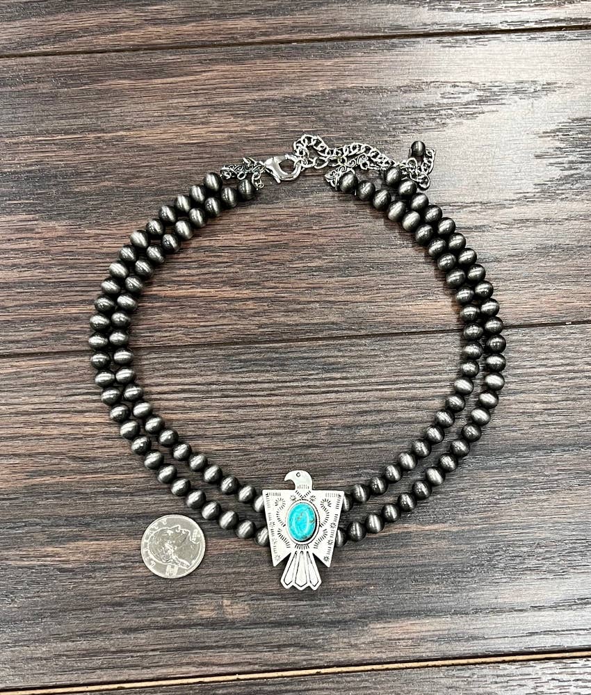 Handmade Navajo Style Bead Thunderbird Turquoise Choker Necklace 16 Inch 2 Strand