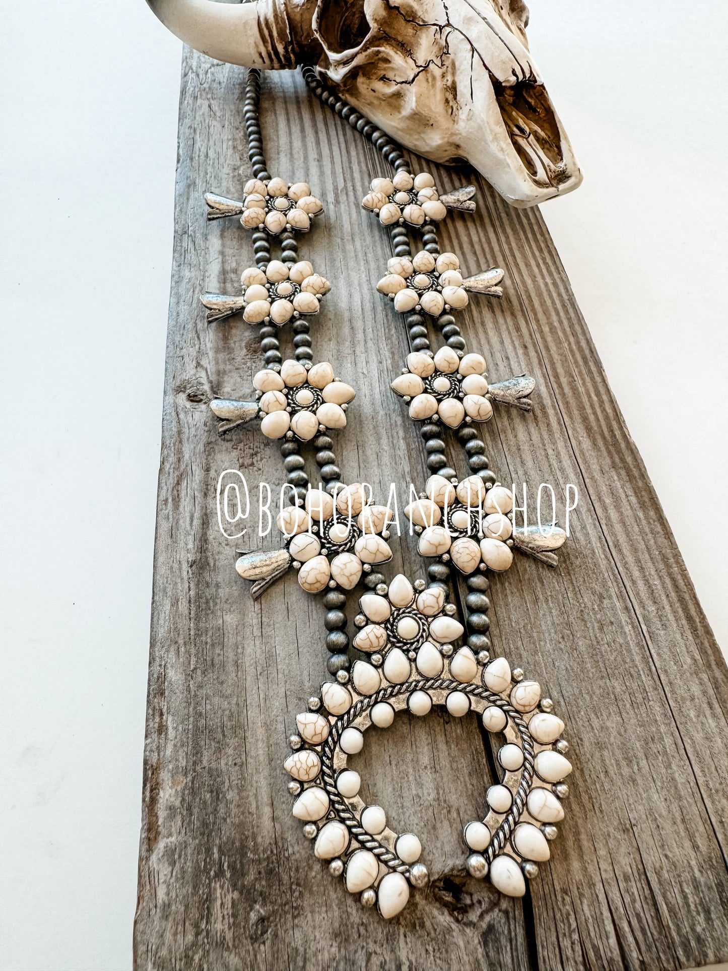 Squash Blossom Necklace Western Pendant with Turquoise and White Stones