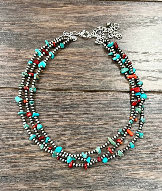 Handmade Navajo Coral and Turquoise Three Strand Necklace 16 to 21 Inches