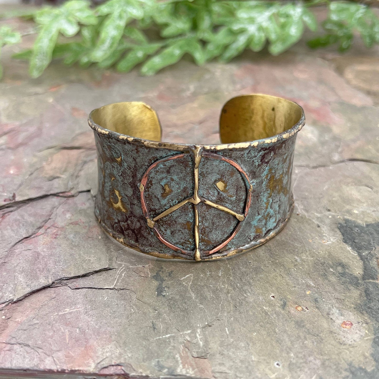 Handcrafted Brass Patina Cuff Bracelet With Rustic Blue Peace Sign