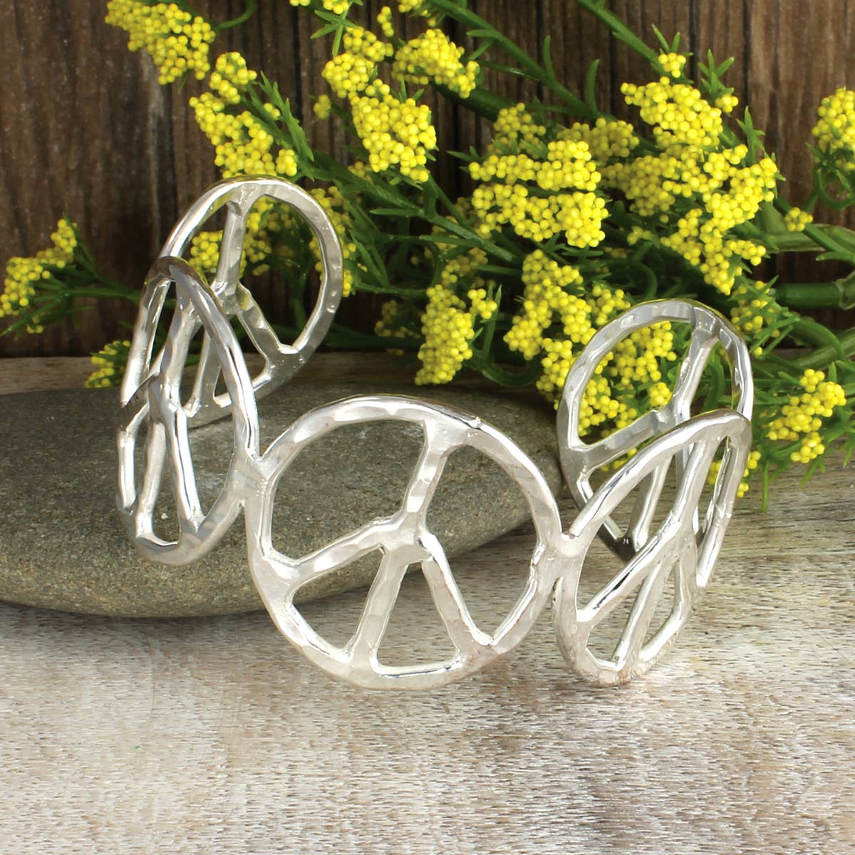 Silver Hammered Peace Sign Hippie Cuff Bracelet Boho Woodstock Vibes