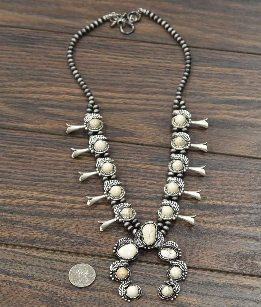 Navajo Style Squash Blossom White Turquoise Necklace 24 Inch Long