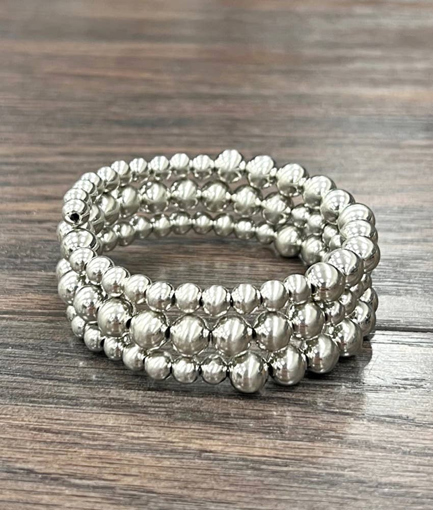 Handmade Faux Silver Navajo Bead Pearls Wrap Bracelet, Memory Wire