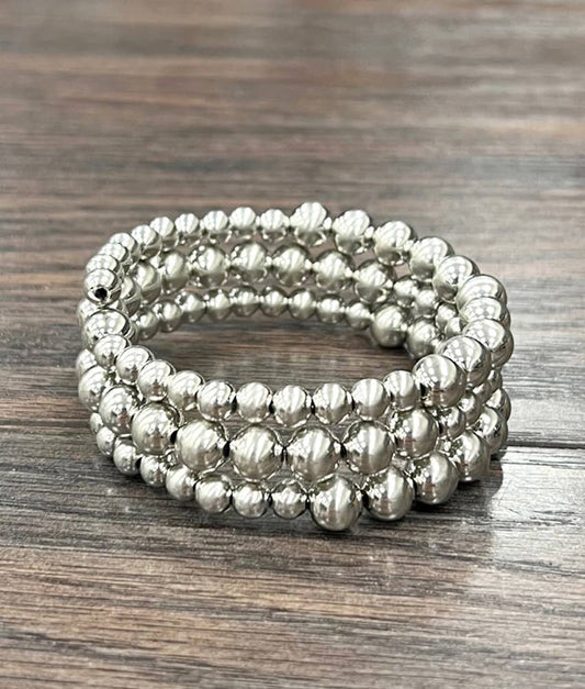 Handmade Faux Silver Navajo Bead Pearls Wrap Bracelet, Memory Wire
