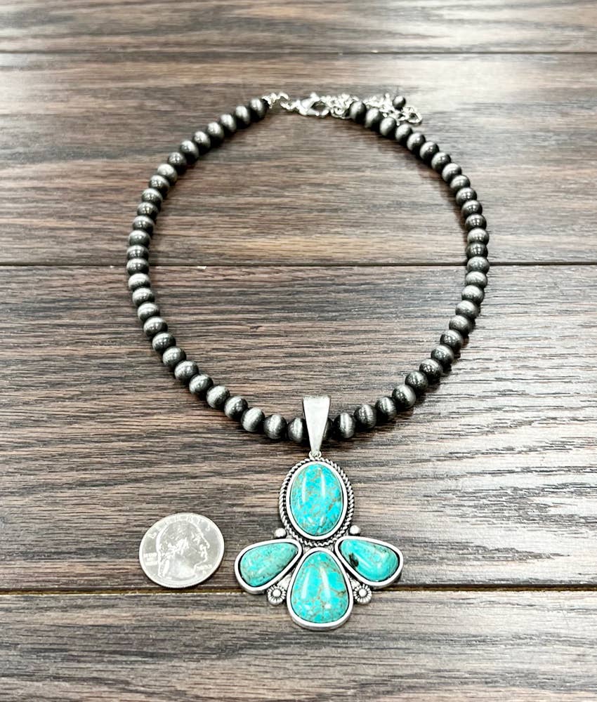 Handmade Navajo Style Turquoise 8mm Necklace With 5 Inch Extender And Large Pendant