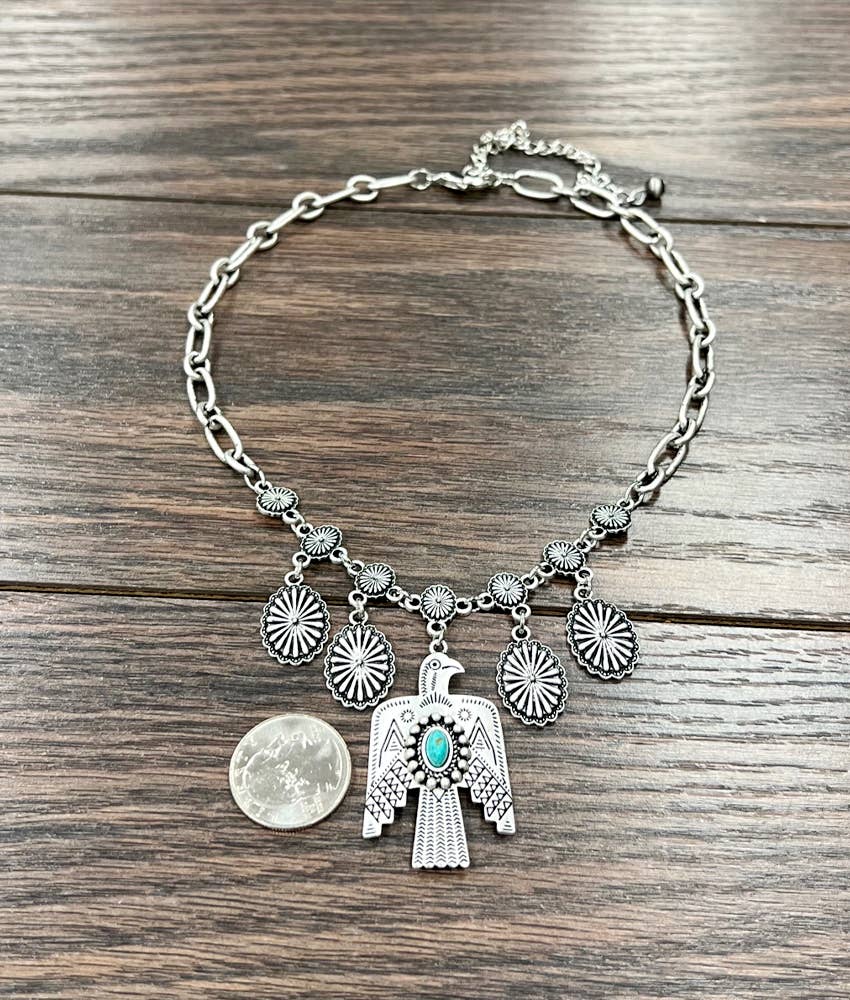 Thunderbird Turquoise Necklace With Authentic Concho Charms
