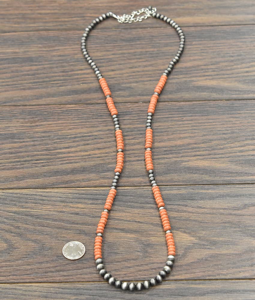 Handmade Navajo Style Orange & SilverBead Necklace 36 to 41 Inch Extra Long