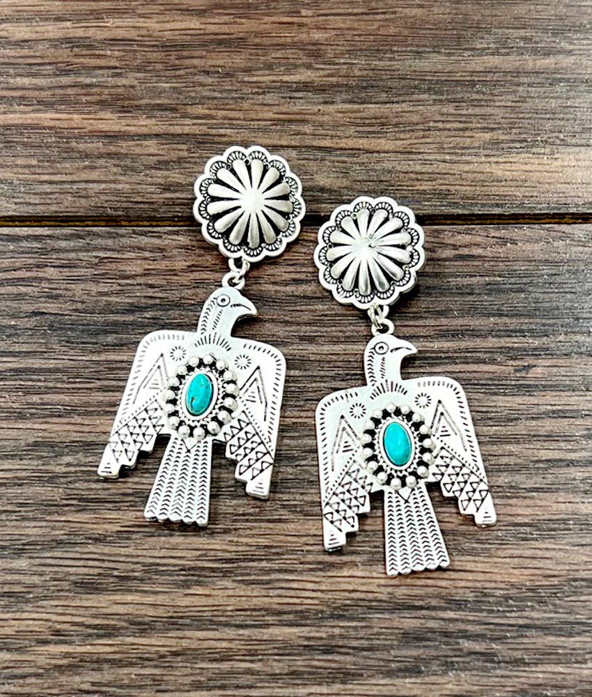 Thunderbird Turquoise Brass Post Earrings 2.8 Inches