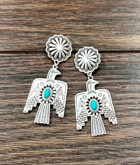 Thunderbird Turquoise Brass Post Earrings 2.8 Inches