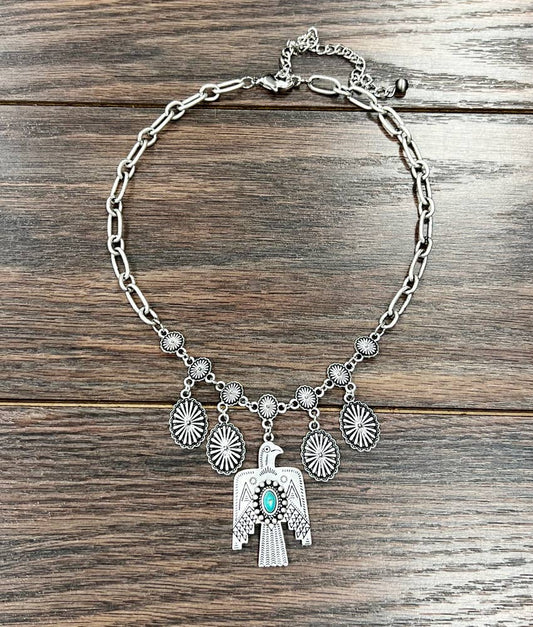 Thunderbird Turquoise Necklace With Authentic Concho Charms