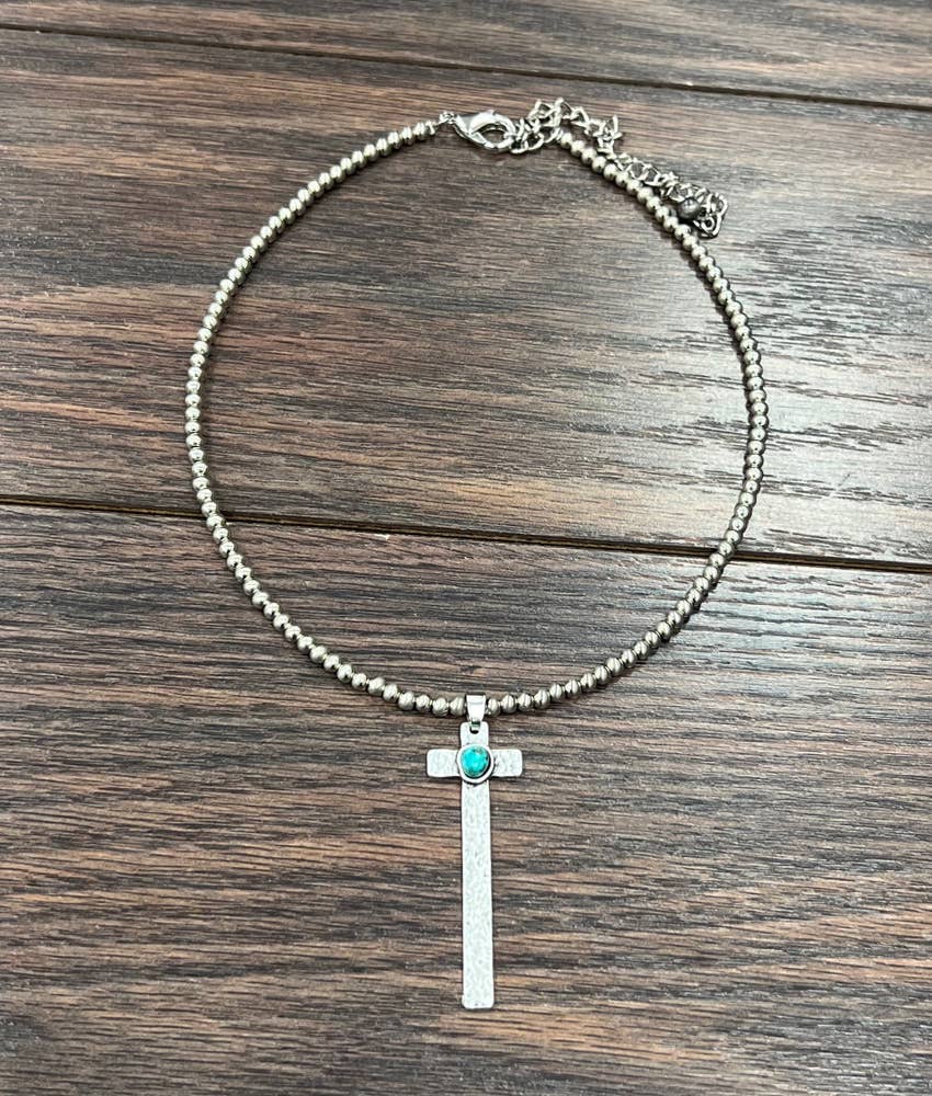 Handmade Navajo Style Silver Turquoise Cross Necklace With Extender 15 To 20 Inch