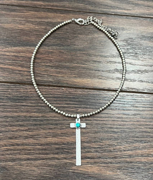 Handmade Navajo Style Silver Turquoise Cross Necklace With Extender 15 To 20 Inch