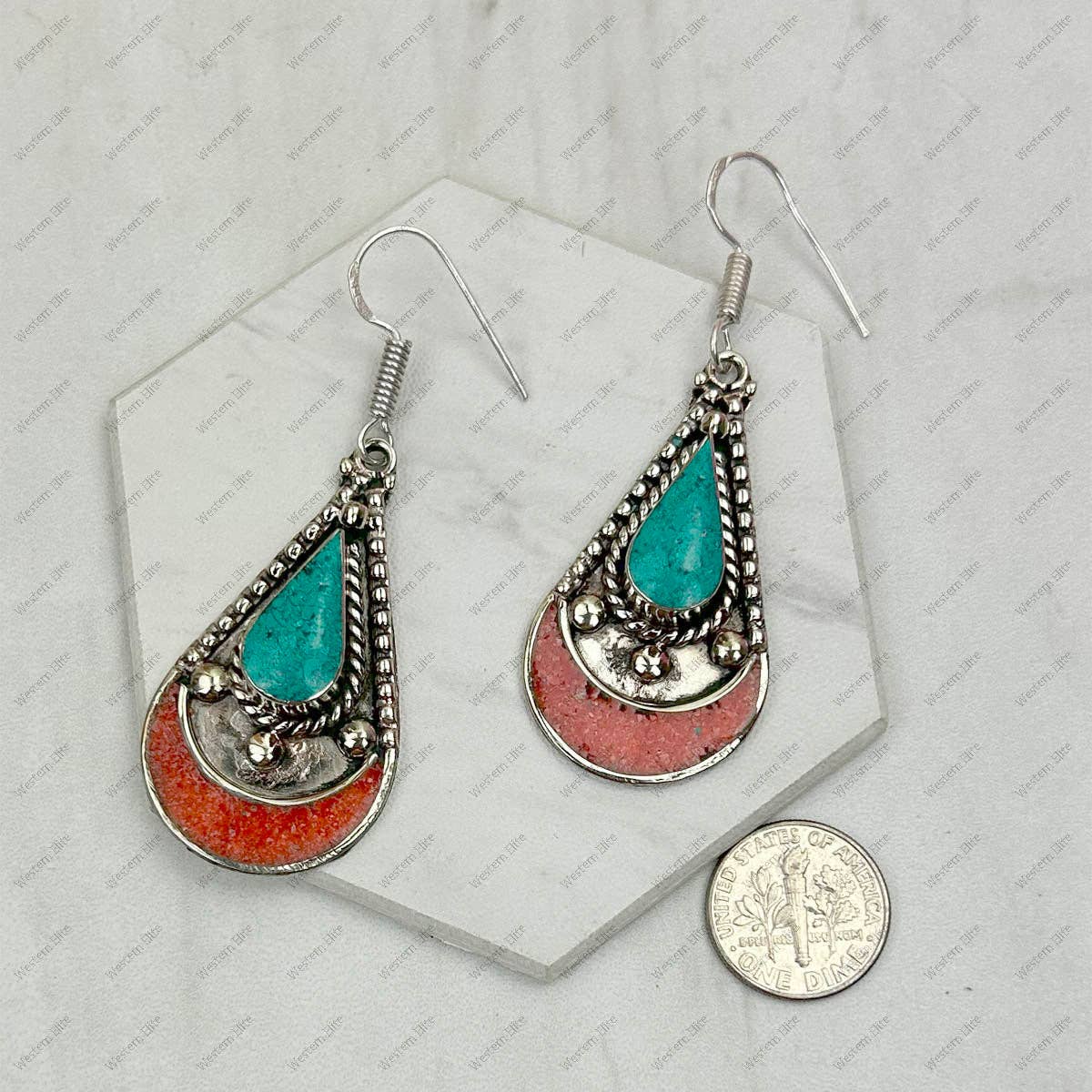 Navajo Style Blue Turquoise And Red Coral German Silver Wire Drop Earrings, 2.5 inches