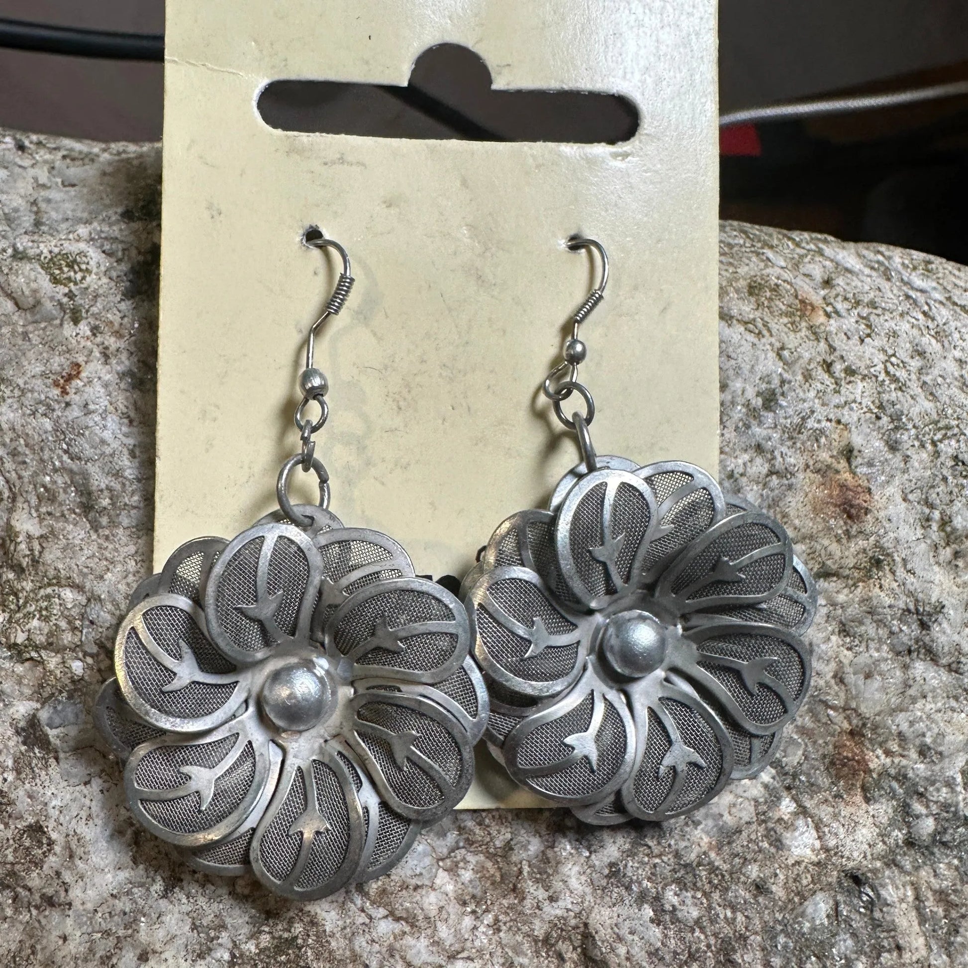 Silvertone Mesh Flower Drop Wire Earring, HandmadeSilvertone Mesh Flower Drop Wire Earring, Handmade - Premium Drop Wire Earring from Silver Elegant - Just $14! Shop now at Silver Elegant