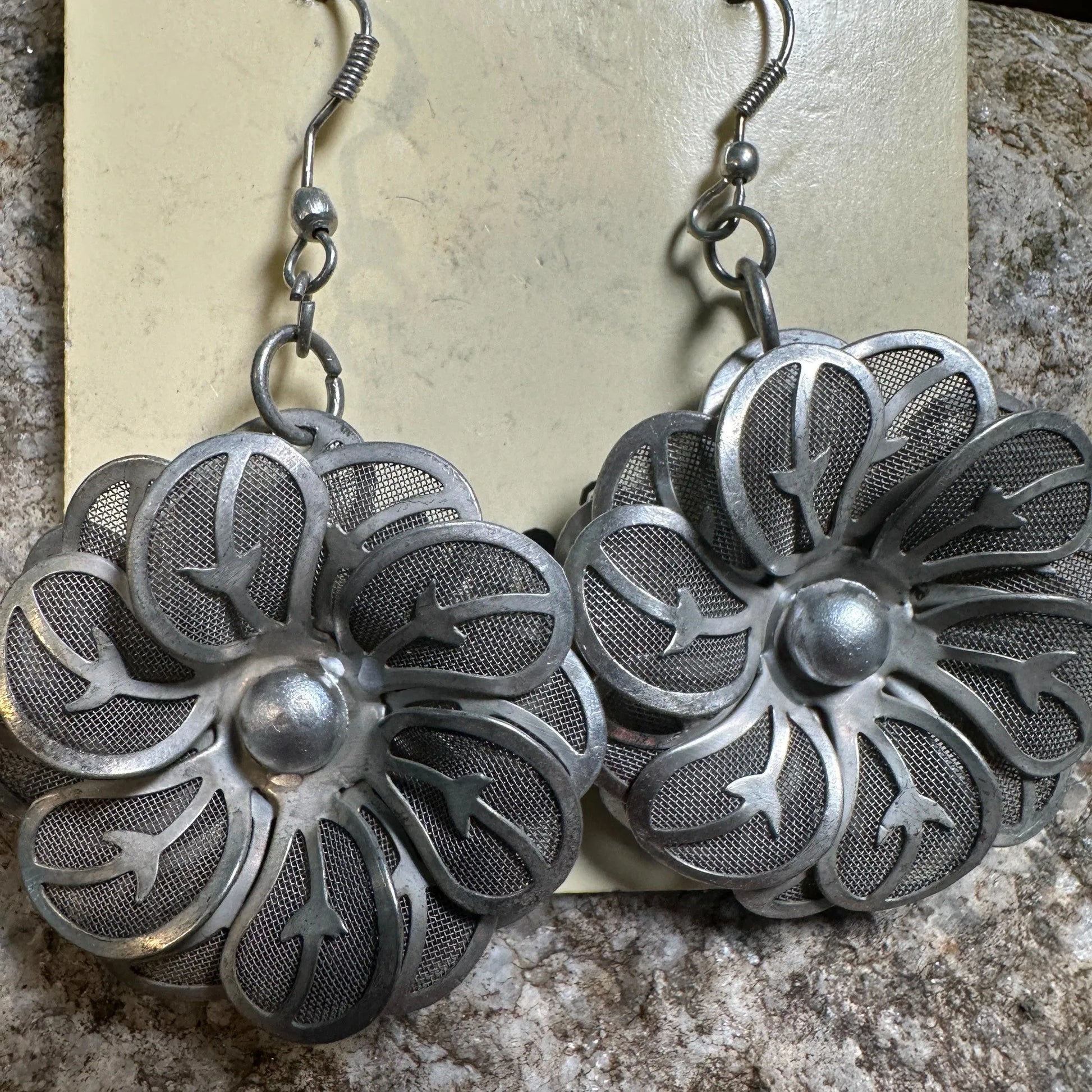 Silvertone Mesh Flower Drop Wire Earring, HandmadeSilvertone Mesh Flower Drop Wire Earring, Handmade - Premium Drop Wire Earring from Silver Elegant - Just $14! Shop now at Silver Elegant