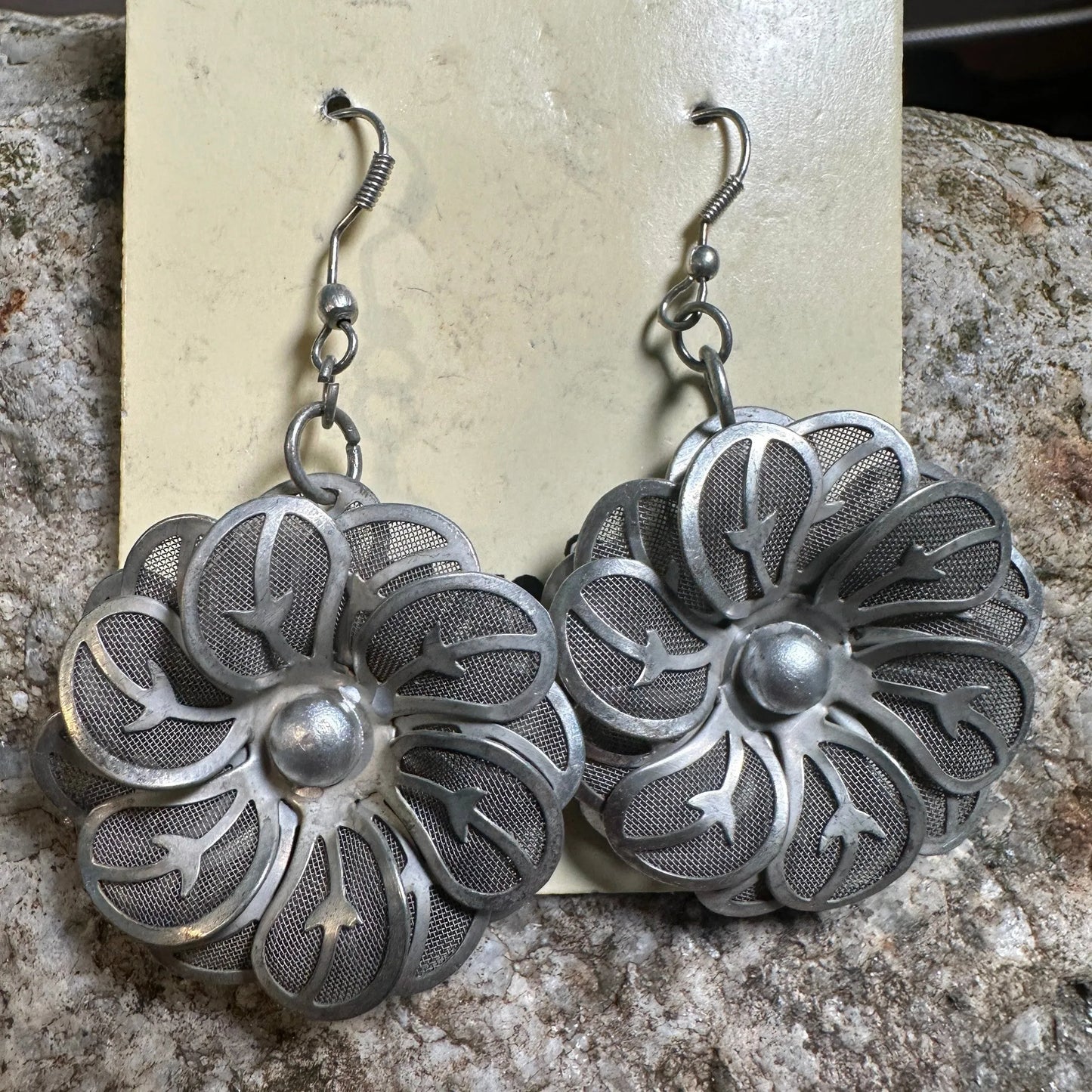 Silvertone Mesh Flower Drop Wire Earring, HandmadeSilvertone Mesh Flower Drop Wire Earring, Handmade - Premium Drop Wire Earring from Silver Elegant - Just $14! Shop now at Silver Elegant