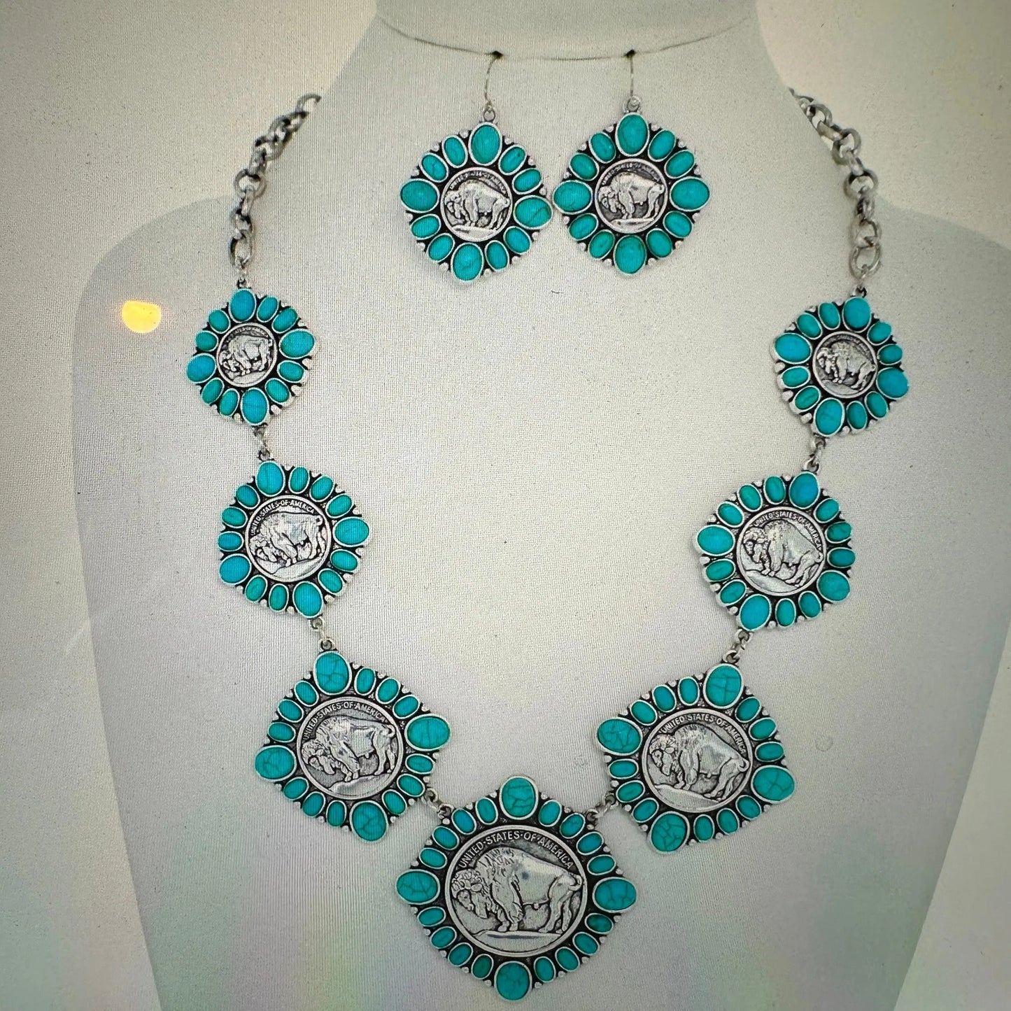 Boho Western Buffalo Coin Cowboy Turquoise Adjustable Necklace/Drop Earring Set, Gift BoxBoho Western Buffalo Coin Cowboy Turquoise Adjustable Necklace/Drop Earring Set, Gift Box - Premium Pendant Necklace from Silver Elegant - Just $42! Shop now at Silver Elegant