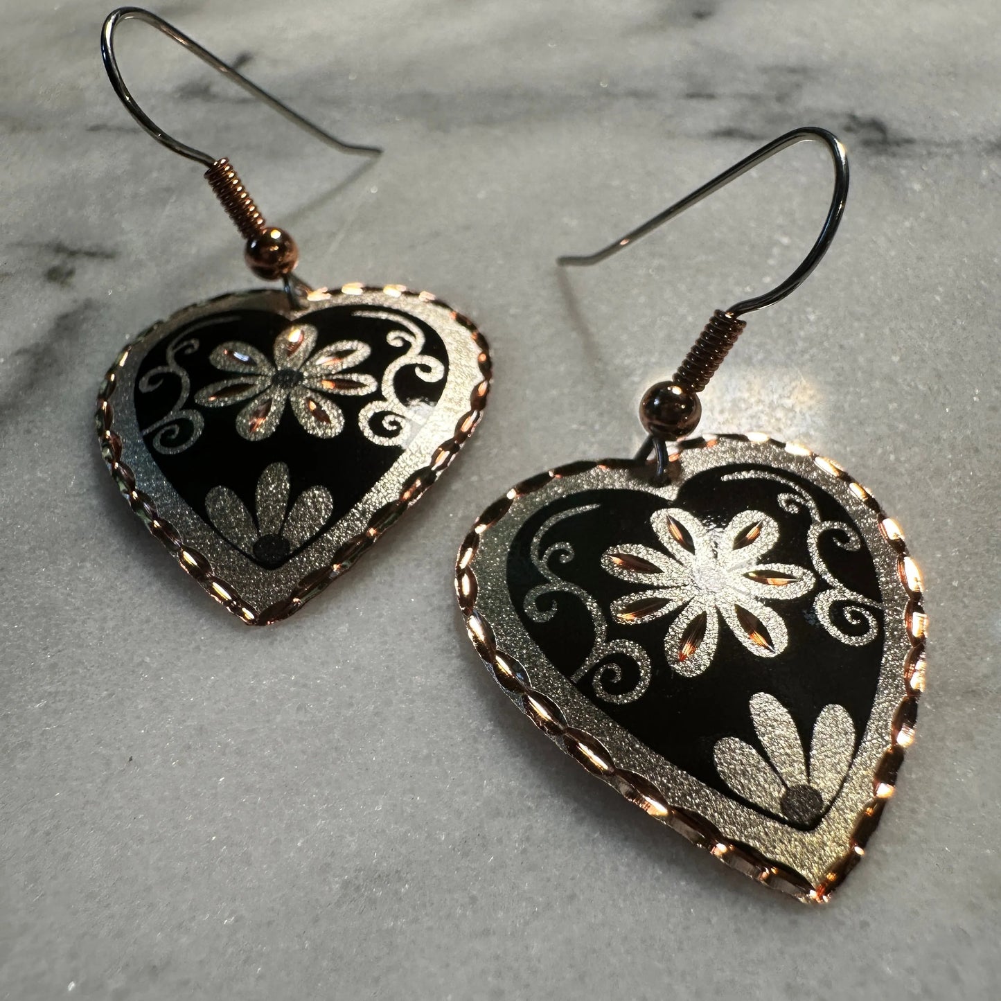 Handcrafted Floral Heart-Shaped Earrings, Boho Flower Black Wire Drop Earrings, Gift Box - Silver Elegant