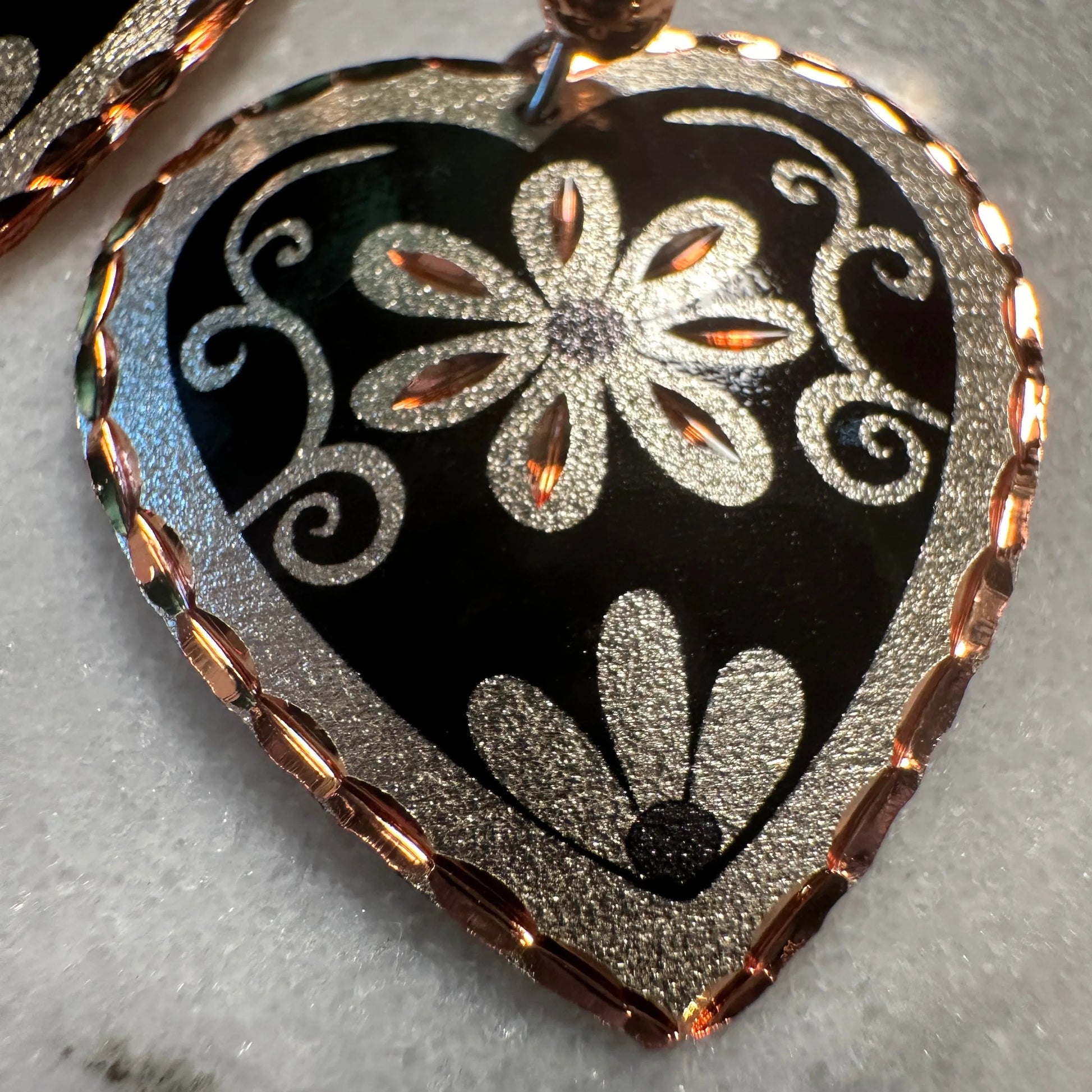 Handcrafted Floral Heart-Shaped Earrings, Boho Flower Black Wire Drop Earrings, Gift Box - Silver Elegant