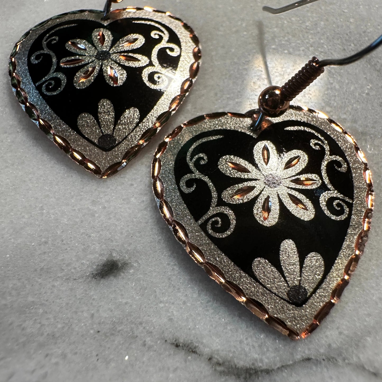 Handcrafted Floral Heart-Shaped Earrings, Boho Flower Black Wire Drop Earrings, Gift Box - Silver Elegant