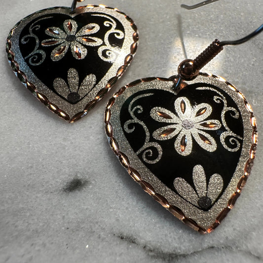 Handcrafted Floral Heart-Shaped Earrings, Boho Flower Black Wire Drop Earrings, Gift Box - Silver Elegant
