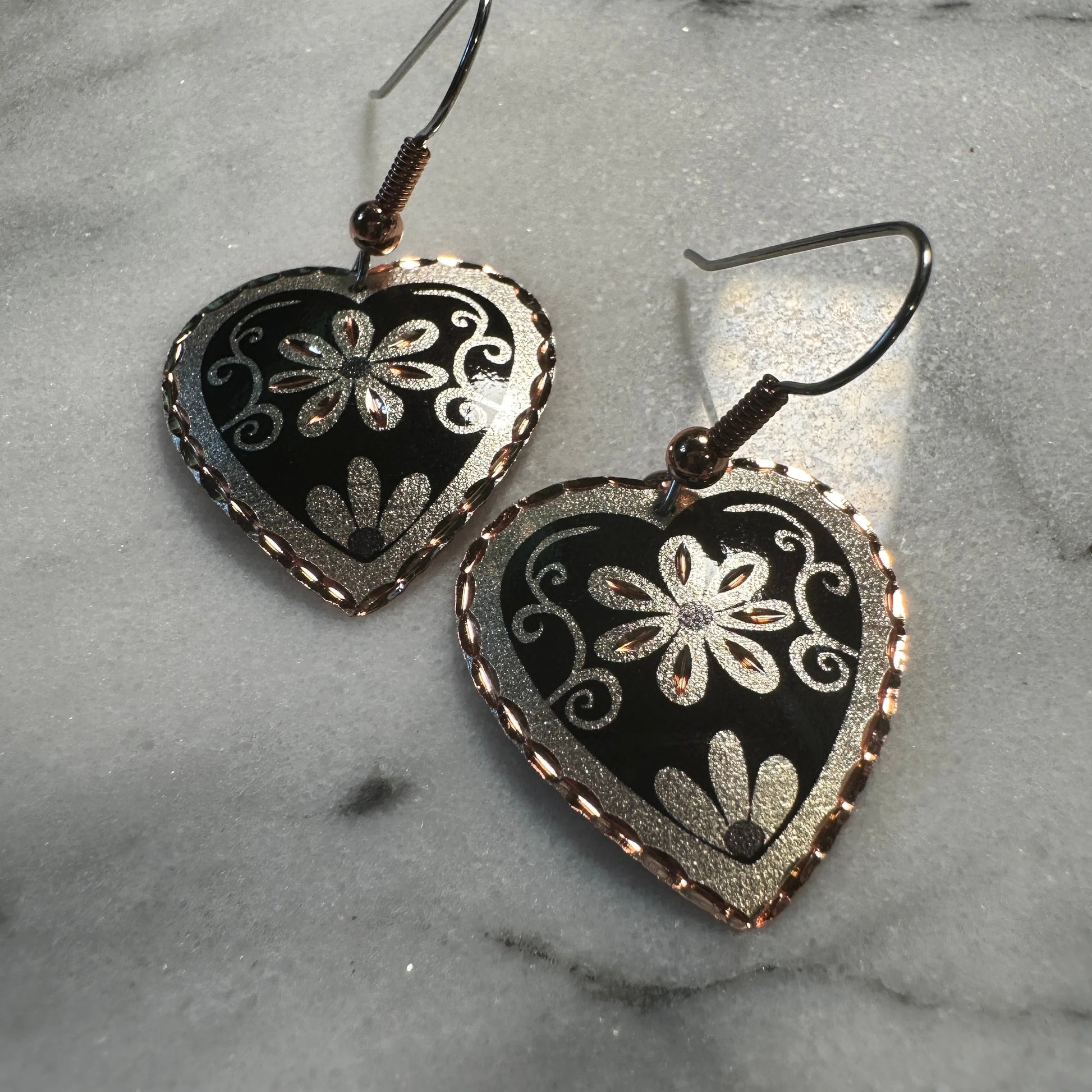 Handcrafted Floral Heart-Shaped Earrings, Boho Flower Black Wire Drop Earrings, Gift Box - Silver Elegant