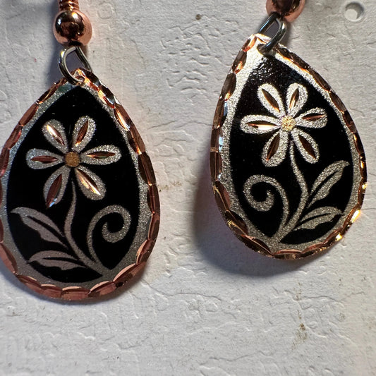 Handcrafted Boho Copper Earrings,  Floral Wire Black Drop Earrings, Gift Box - Silver Elegant