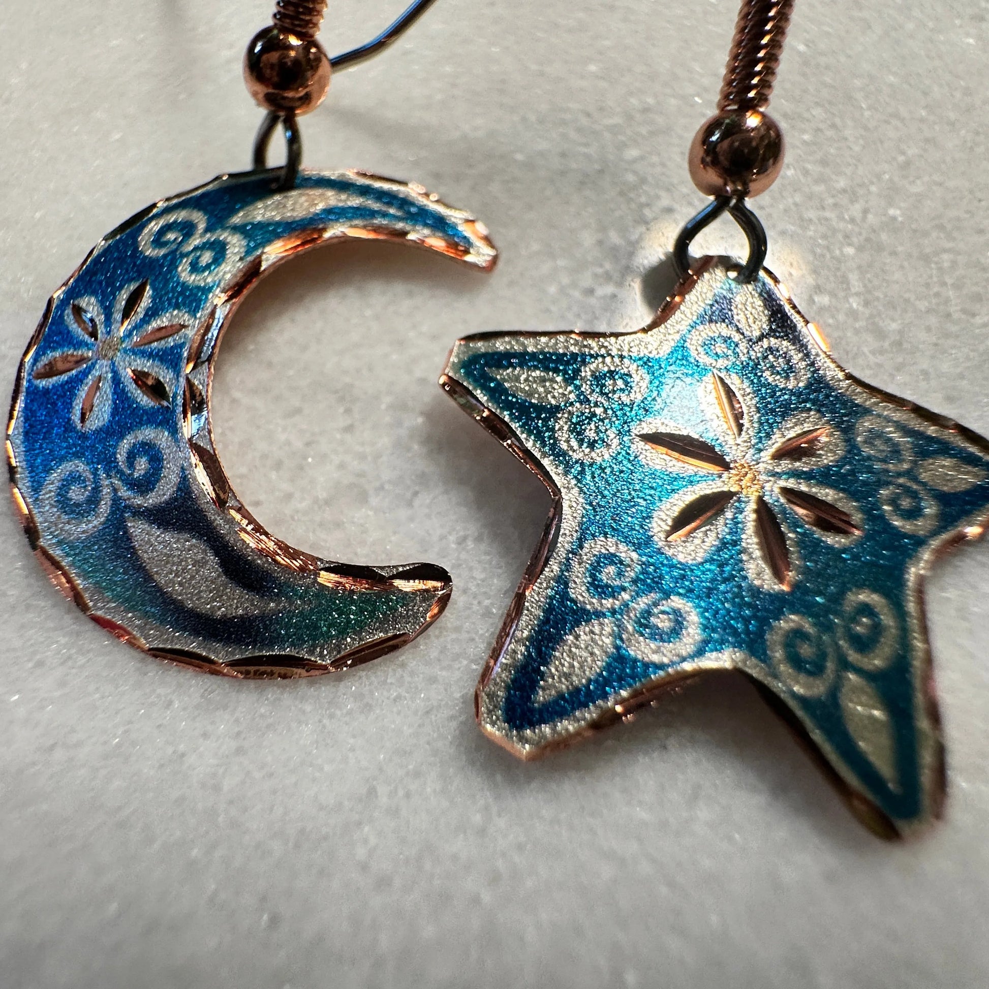 Handcrafted Blue Moon & Star Earrings, Wire Drop Copper Diamond Cut Earrings, Gift BoxHandcrafted Blue Moon & Star Earrings, Wire Drop Copper Diamond Cut Earrings, Gift Box - Premium Boho Drop Earring from COPPER ARTS INC. - Just $25! Shop now at Silver Elegant