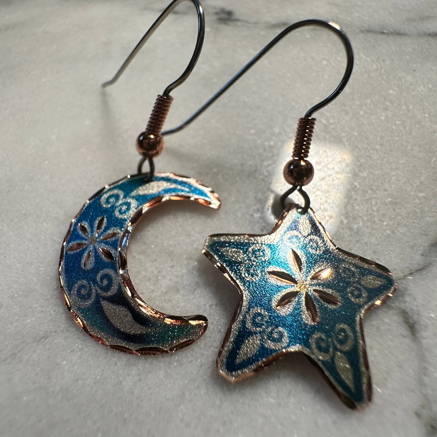 Handcrafted Blue Moon & Star Earrings, Wire Drop Copper Diamond Cut Earrings, Gift BoxHandcrafted Blue Moon & Star Earrings, Wire Drop Copper Diamond Cut Earrings, Gift Box - Premium Boho Drop Earring from COPPER ARTS INC. - Just $25! Shop now at Silver Elegant