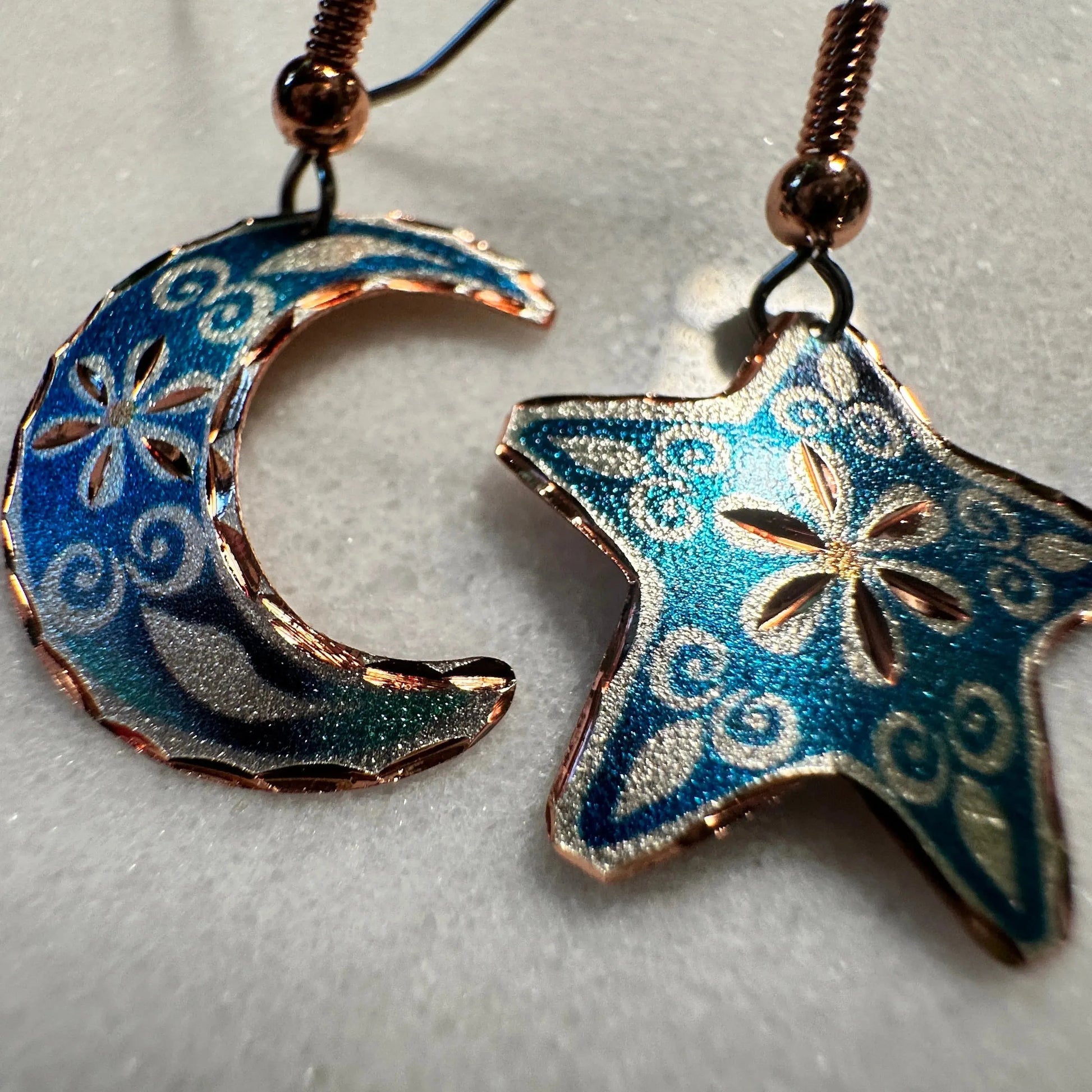 Handcrafted Blue Moon & Star Earrings, Wire Drop Copper Diamond Cut Earrings, Gift BoxHandcrafted Blue Moon & Star Earrings, Wire Drop Copper Diamond Cut Earrings, Gift Box - Premium Boho Drop Earring from COPPER ARTS INC. - Just $25! Shop now at Silver Elegant