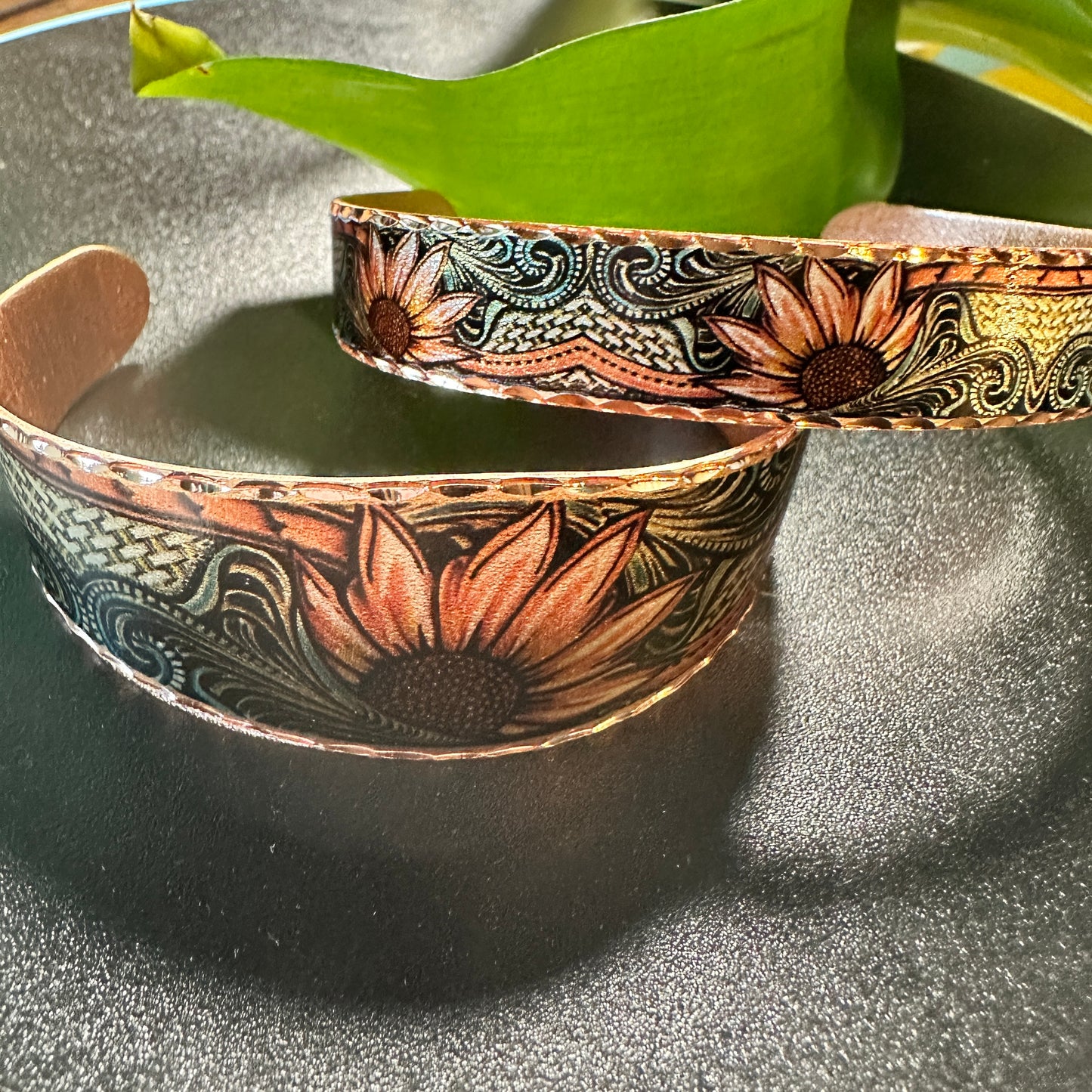 Handcrafted Copper Sunflower Narrow Cuff Bracelet Gift Box