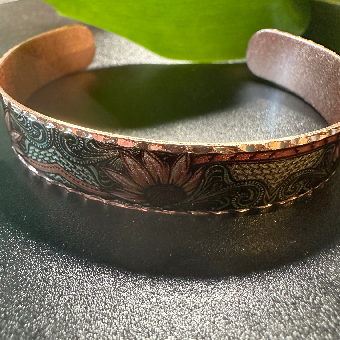 Handcrafted Copper Sunflower Narrow Cuff Bracelet Gift Box