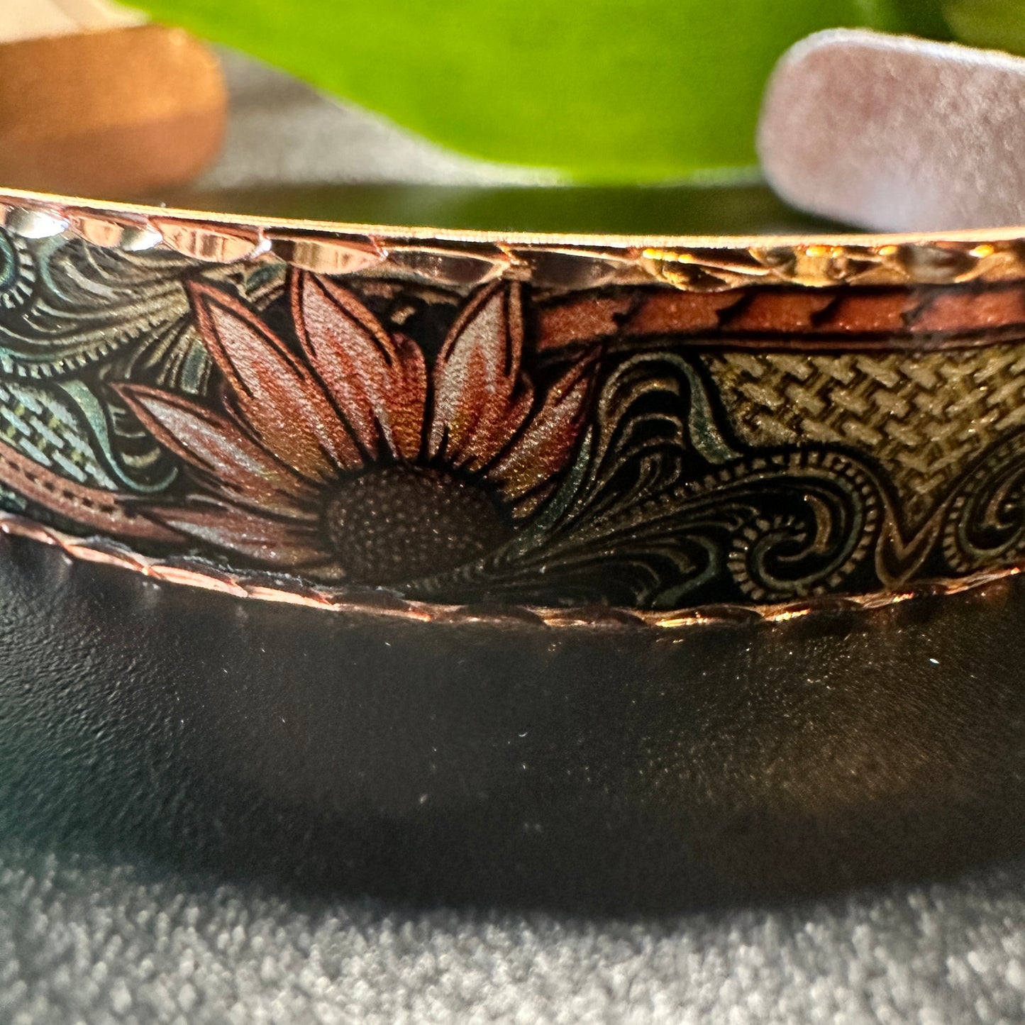 Handcrafted Copper Sunflower Narrow Cuff Bracelet Gift Box