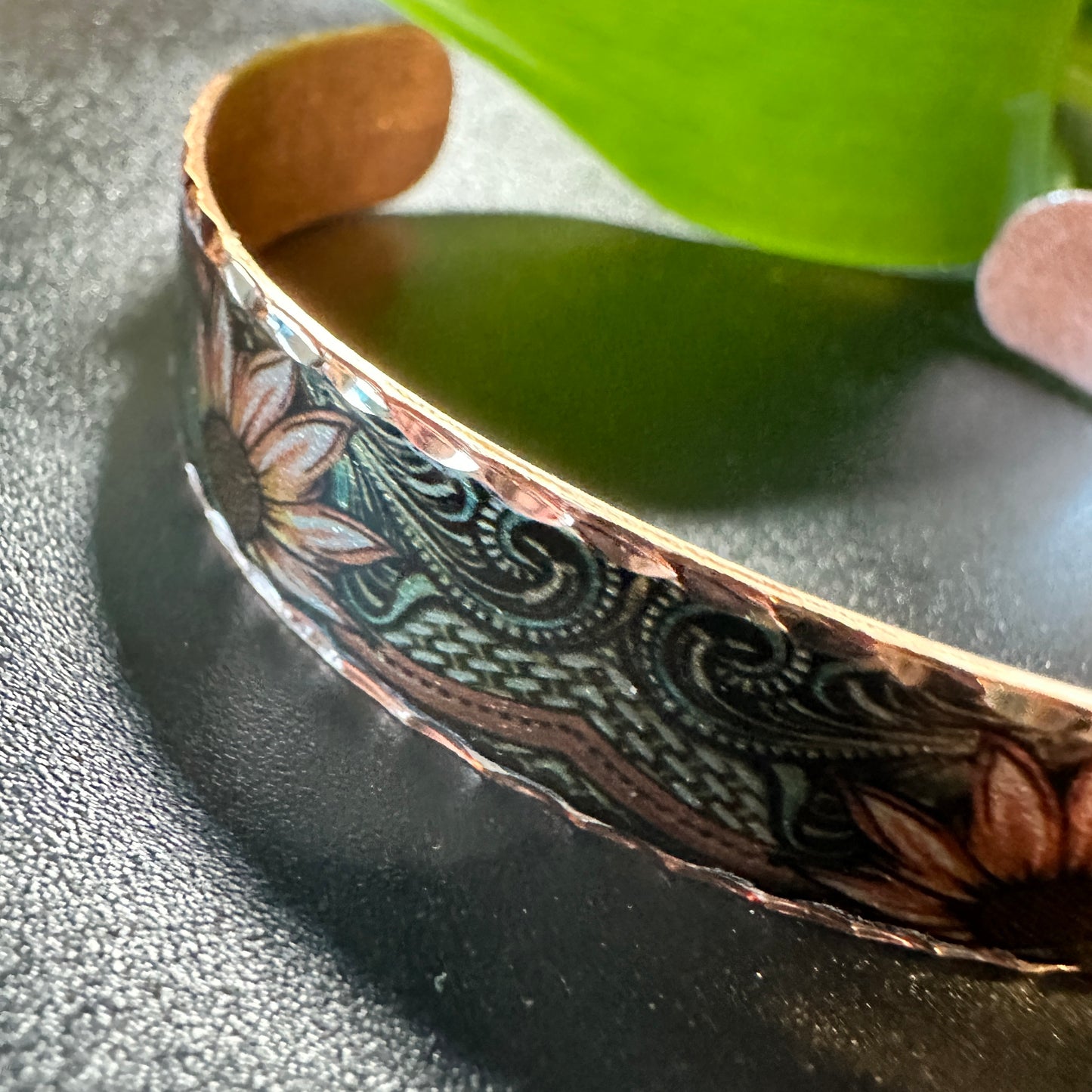Handcrafted Copper Sunflower Narrow Cuff Bracelet Gift Box
