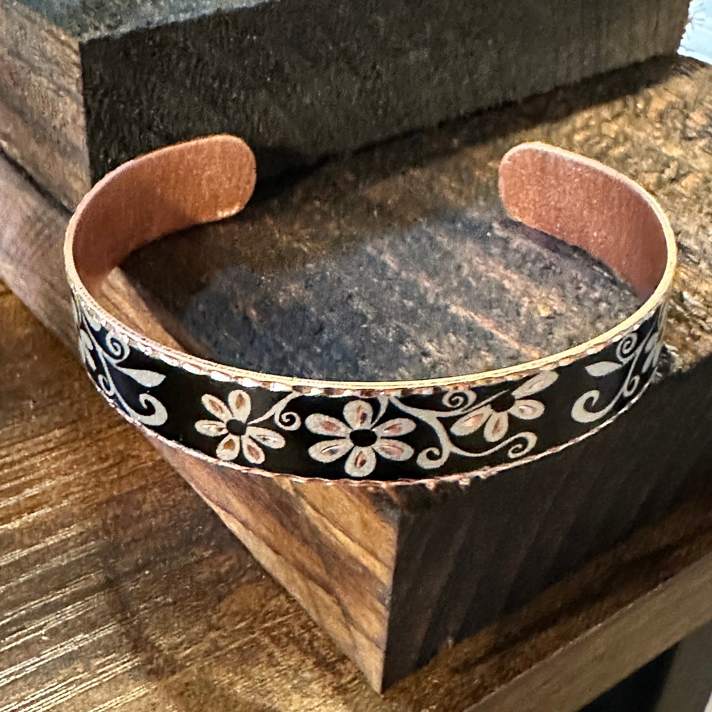 Handmade Boho Western Copper Cuff Black Floral Narrow Bracelet, Gift BoxHandmade Boho Western Copper Cuff Black Floral Narrow Bracelet, Gift Box - Premium boho bracelet from COPPER ARTS INC. - Just $27! Shop now at Silver Elegant