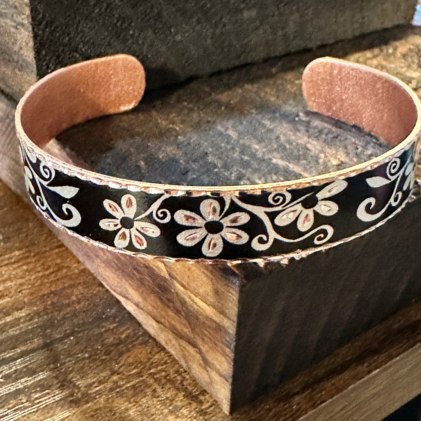 Handmade Boho Western Copper Cuff Black Floral Narrow Bracelet, Gift BoxHandmade Boho Western Copper Cuff Black Floral Narrow Bracelet, Gift Box - Premium boho bracelet from COPPER ARTS INC. - Just $27! Shop now at Silver Elegant