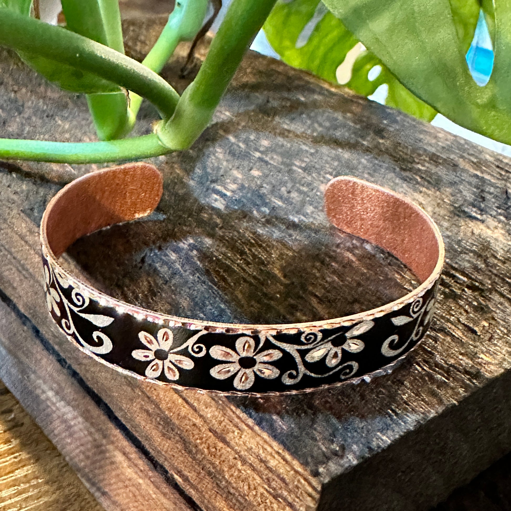 Handmade Boho Western Copper Cuff Black Floral Narrow Bracelet, Gift BoxHandmade Boho Western Copper Cuff Black Floral Narrow Bracelet, Gift Box - Premium boho bracelet from COPPER ARTS INC. - Just $27! Shop now at Silver Elegant