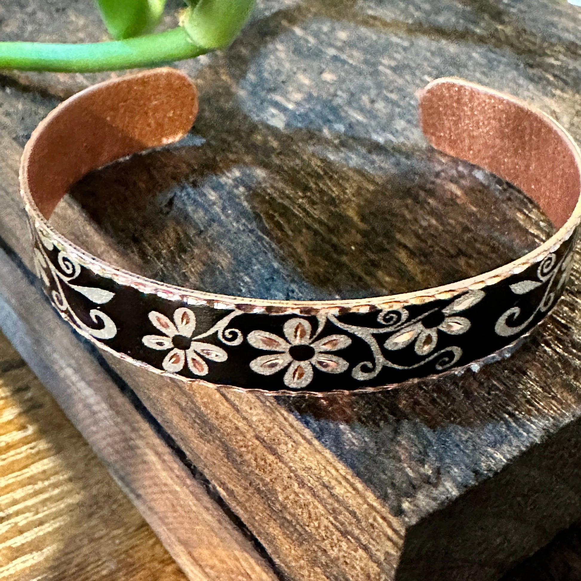 Handmade Boho Western Copper Cuff Black Floral Narrow Bracelet, Gift BoxHandmade Boho Western Copper Cuff Black Floral Narrow Bracelet, Gift Box - Premium boho bracelet from COPPER ARTS INC. - Just $27! Shop now at Silver Elegant