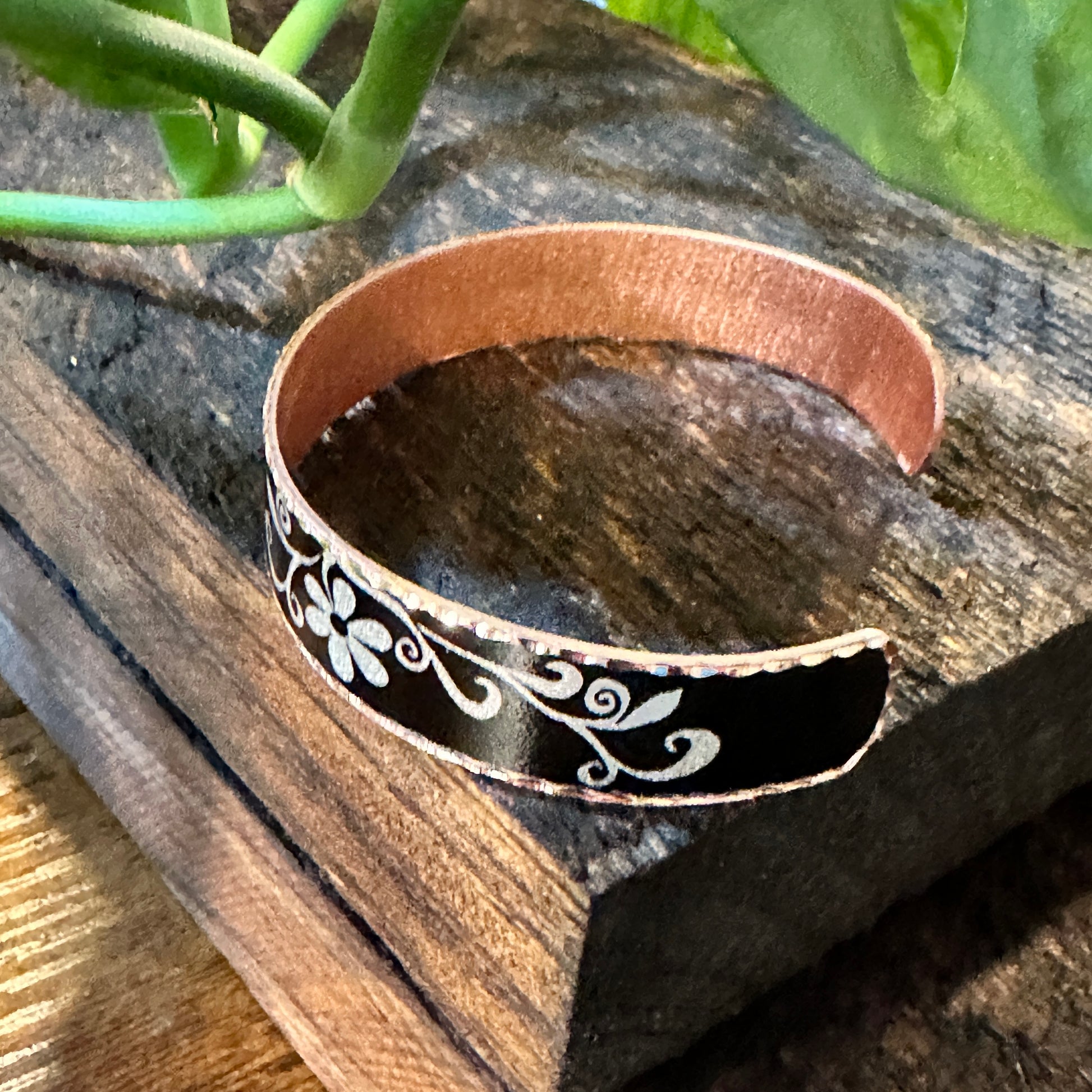 Handmade Boho Western Copper Cuff Black Floral Narrow Bracelet, Gift BoxHandmade Boho Western Copper Cuff Black Floral Narrow Bracelet, Gift Box - Premium boho bracelet from COPPER ARTS INC. - Just $27! Shop now at Silver Elegant