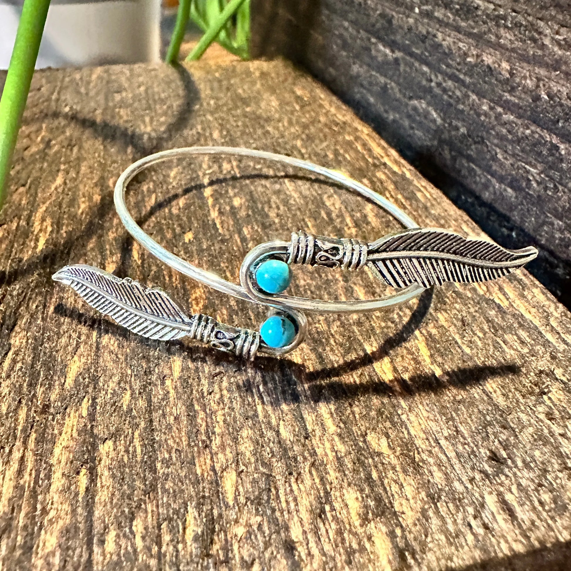 Handcrafted Boho Native American Turquoise Stone Feather Open Bangle, Adjustable, Gift BoxHandcrafted Boho Native American Turquoise Stone Feather Open Bangle, Adjustable, Gift Box - Premium boho bracelet from Silver Elegant - Just $22! Shop now at Silver Elegant