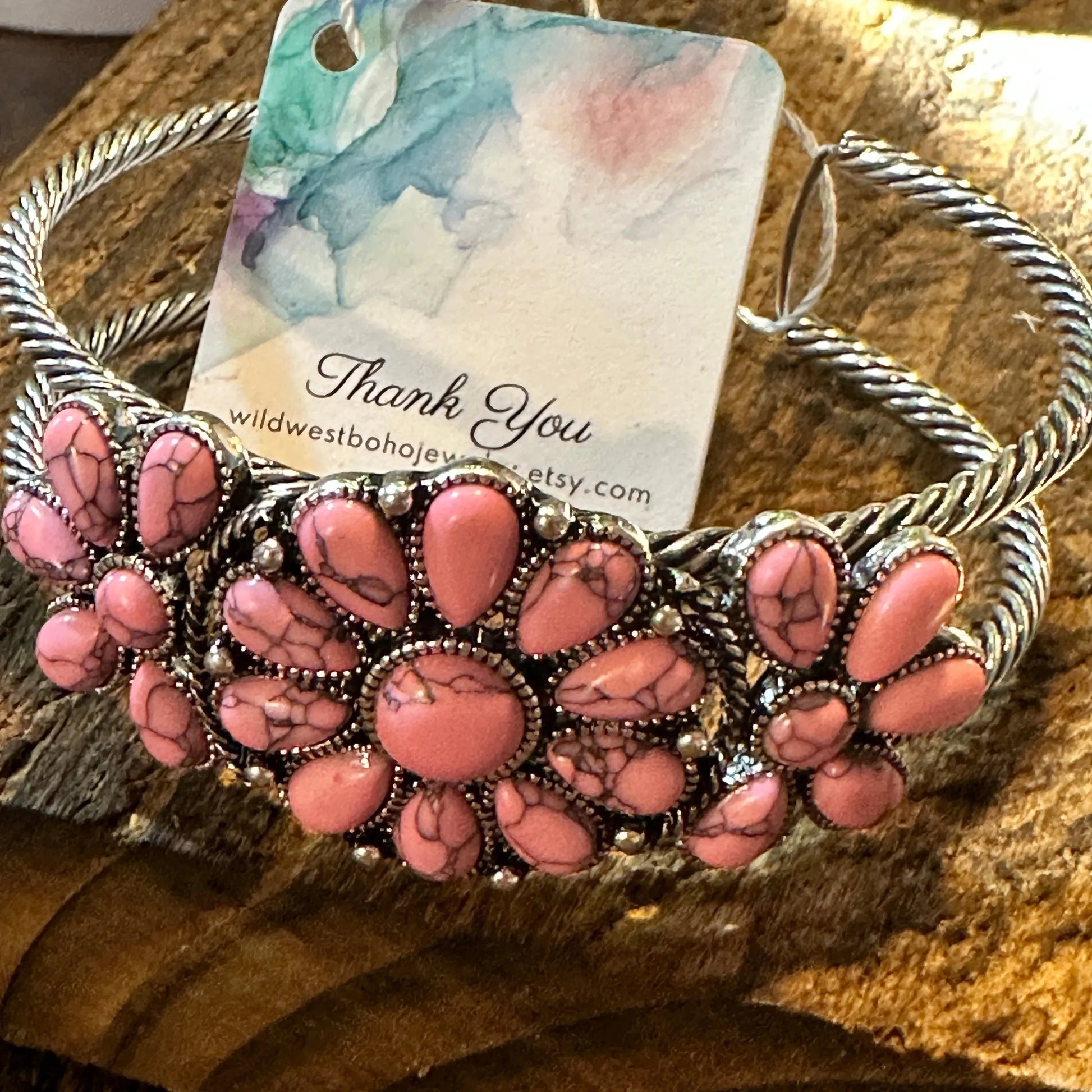 Handcrafted Boho Floral Western Pink Stone Cuff Bracelet, Gift BoxHandcrafted Boho Floral Western Pink Stone Cuff Bracelet, Gift Box - Premium boho bracelet from Sophia Collection - Just $24! Shop now at Silver Elegant