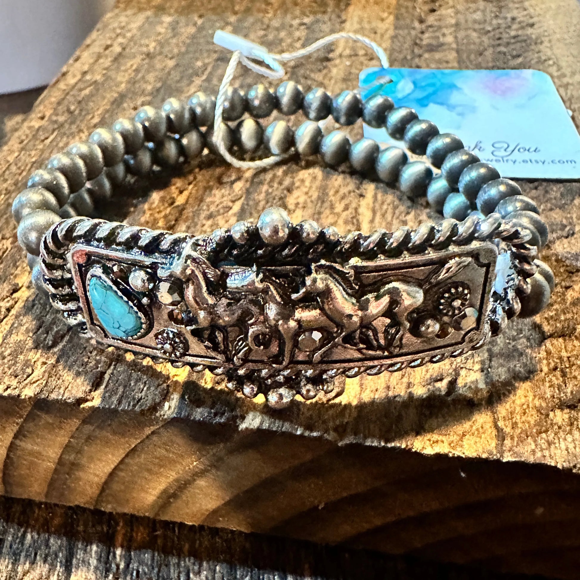 Handcrafted Boho Western Navajo Horse Estuarian Turquoise Stretch Bracelet, Gift BoxHandcrafted Boho Western Navajo Horse Estuarian Turquoise Stretch Bracelet, Gift Box - Premium boho bracelet from Silver Elegant - Just $24! Shop now at Silver Elegant